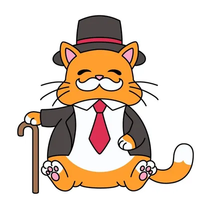 The Kingpin Katsu mascot: an orange cat in a top hat and suit, holding a cane